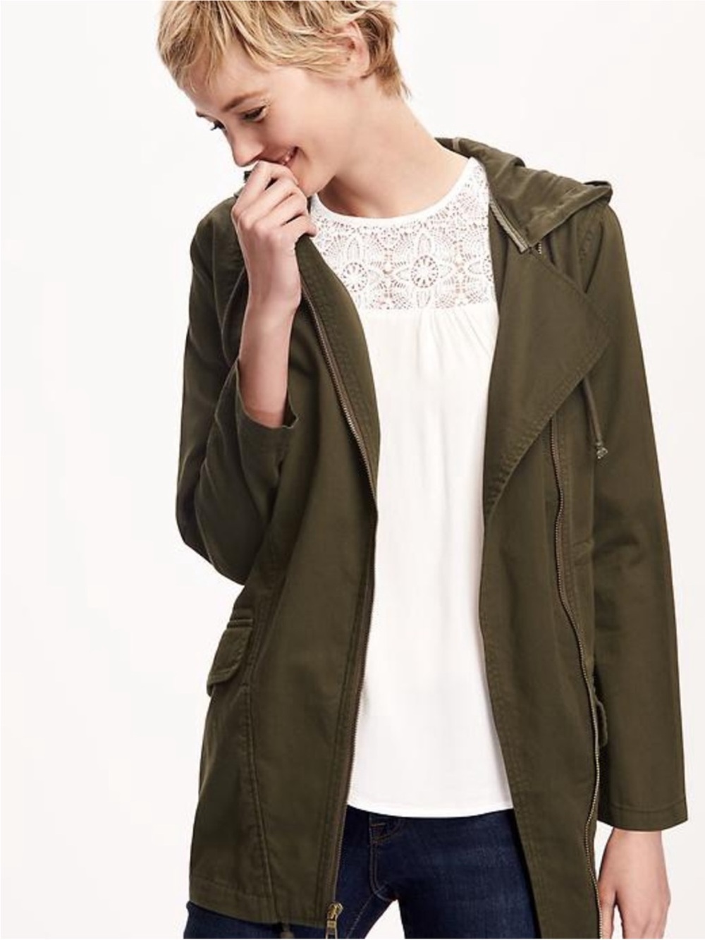 Old Navy Spring Parka Drawstring Hooded Jacket-Slant Zipper-Pine Needle Green-M